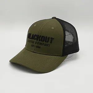 3d 6 Panel Embroidery Army-Green Trucker Caps, Cotton Mesh Trucker Hats With Custom Logo , Adjustable Closure Adult Trucker Caps