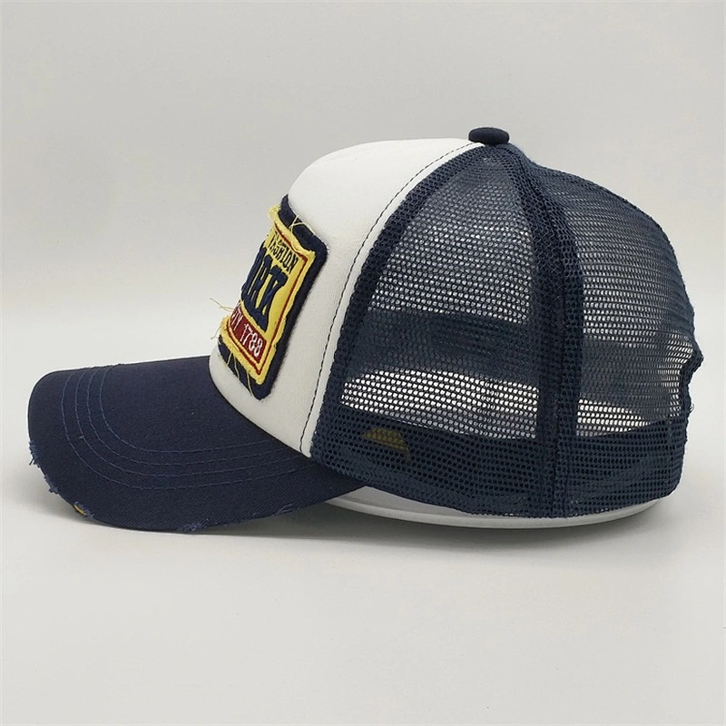 Wholesale Custom Worn Out Trucker Caps,Applique Navy Blue Mesh Trucker Hat,5 Panel Foam Soft Unstructured Hats