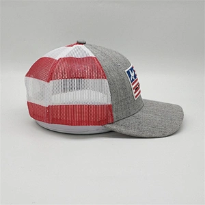 Wholesale Custom 6 Panel USA Flag PVC Logo Patch Trucker Hat ,Printed Mesh Back Baseball Hat,Heather Gray Snapback Trucker Cap