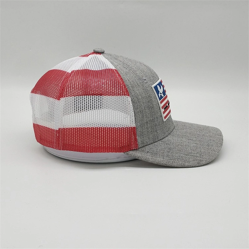 Wholesale Custom 6 Panel USA Flag PVC Logo Patch Trucker Hat ,Printed Mesh Back Baseball Hat,Heather Gray Snapback Trucker Cap