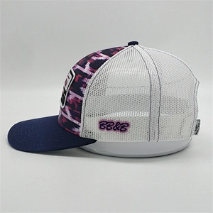 Customized Wholesale 6 Panel Cheap Purple digital Printed Embroidered Mesh Trucker Hat Caps With Woven Patch