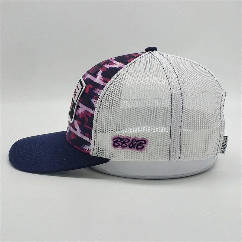 Customized Wholesale 6 Panel Cheap Purple digital Printed Embroidered Mesh Trucker Hat Caps With Woven Patch