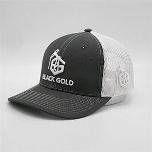 Custom  embroidery BLACK GOLD cotton 6 panel black plain low profile snap back mesh baseball trucker caps and hat