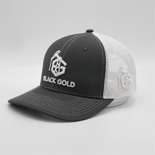 Custom  embroidery BLACK GOLD cotton 6 panel black plain low profile snap back mesh baseball trucker caps and hat