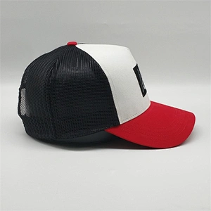 Plain Red White Color Black Mesh Trucker Hat,Custom Applique Embroidery Logo Trucker Cap,Men Slight Curved Brim Sport Hats