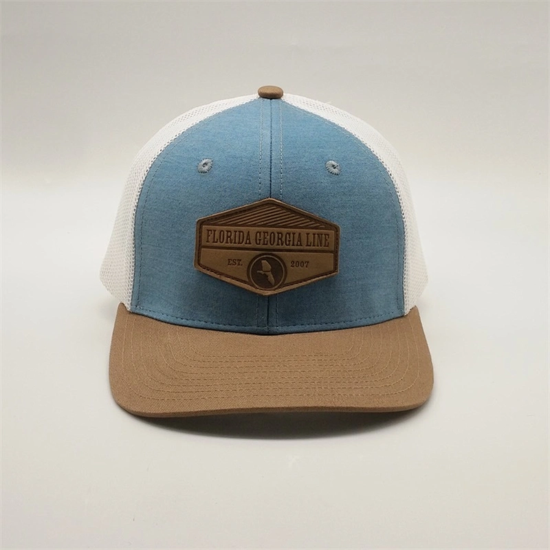 OEM Customised Logo Vintage Snap Back Caps Leather Aplique Cotton Mesh Gorra Trucker Hats With Patch