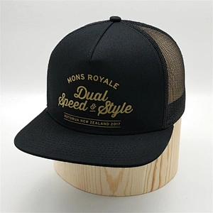 China Factory Custom 5 Panel Black Printed Mesh Snapback Hats