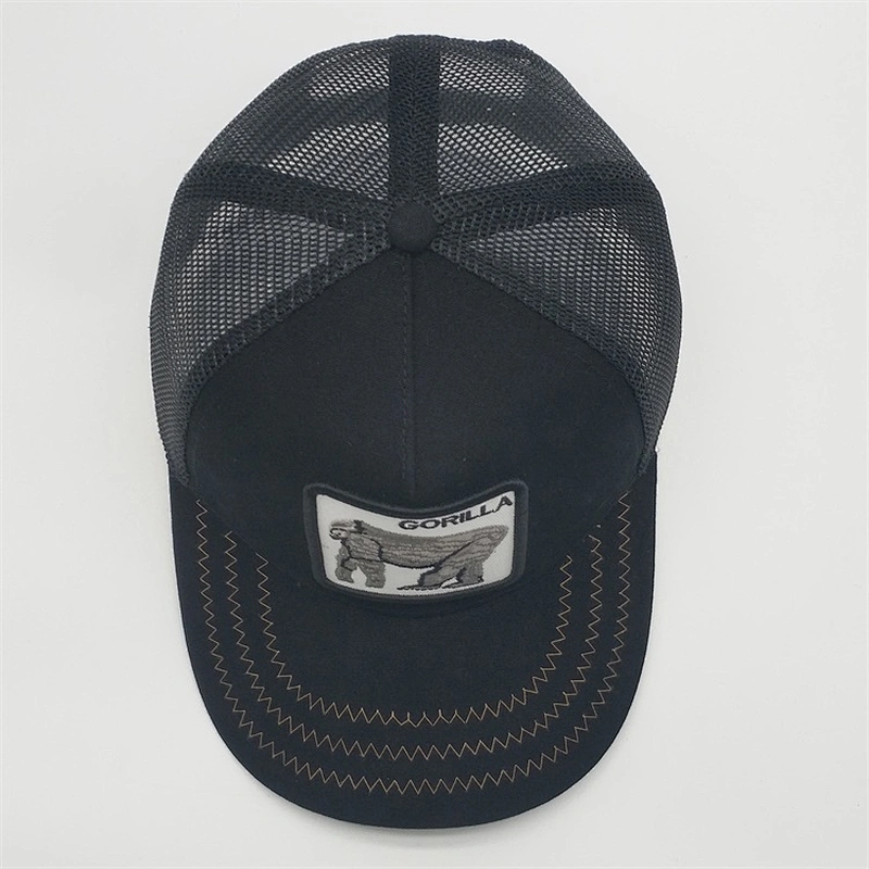 New Style Black 5panel Curve Bill Stone Mesh Snapback Animal Trucker Hat Cap With Custom Gorilla Logo Embroidery Patch