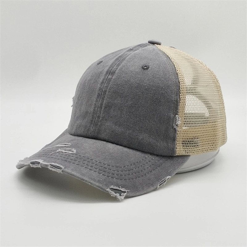 Custom Distressed Vintage Cotton Two Tone  Unstructrured 6panel Worn Out Ponytail Hat Baseball Trucker Mesh Caps