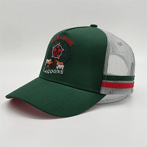 Custom 5 Panel Embroidery Logo Hat,Red Underbrim Snapback Trucker Cap,High Crown Mint Green Stripes Trucker Hat