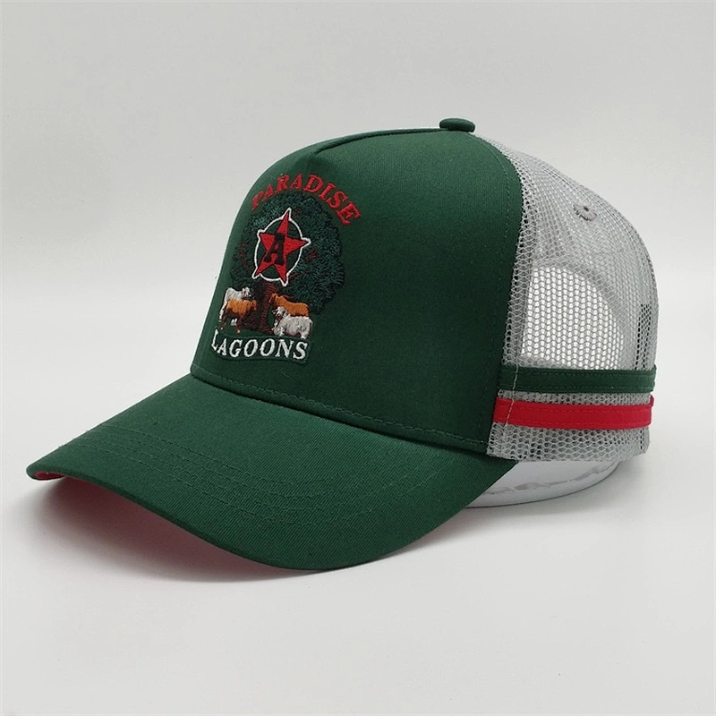 Custom 5 Panel Embroidery Logo Hat,Red Underbrim Snapback Trucker Cap,High Crown Mint Green Stripes Trucker Hat