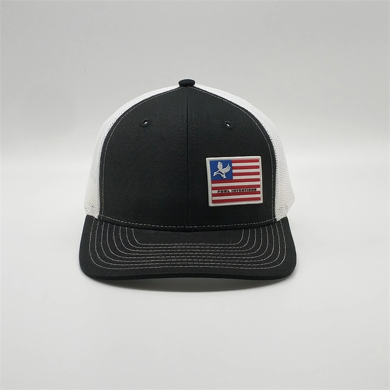 Factory Price Plain Woven Label Usa Flag Patch Snapback Caps PVC Logo Black Trucker Hat With Pvc Patch