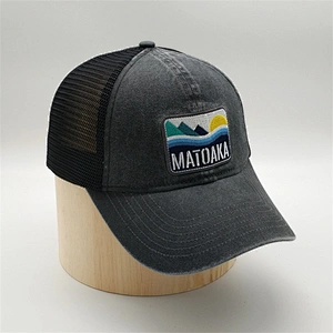 Custom 6 Panel Pigment Washed Fabric Embroidery Patch Mesh Trucker Cap