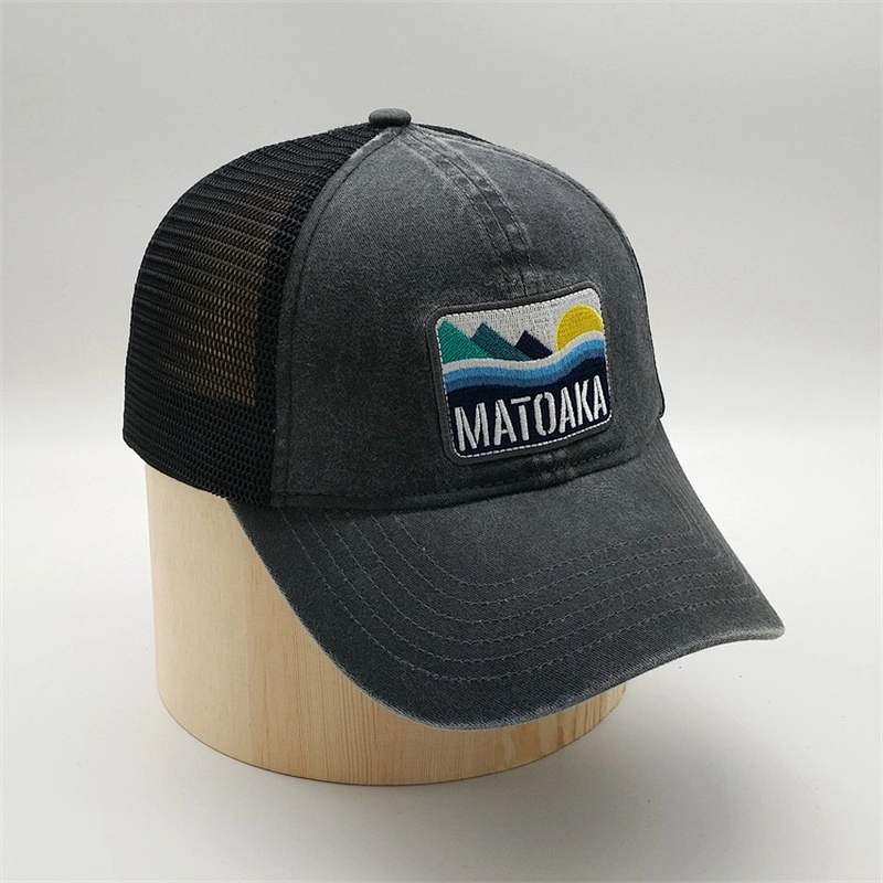 Custom 6 Panel Pigment Washed Fabric Embroidery Patch Mesh Trucker Cap