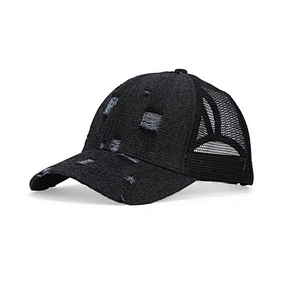 Custom Made Distressed Denim Trucker Cap, Adjustable Jean Denim Dad Hat,Ponytail Worn-Out Baseball Cap