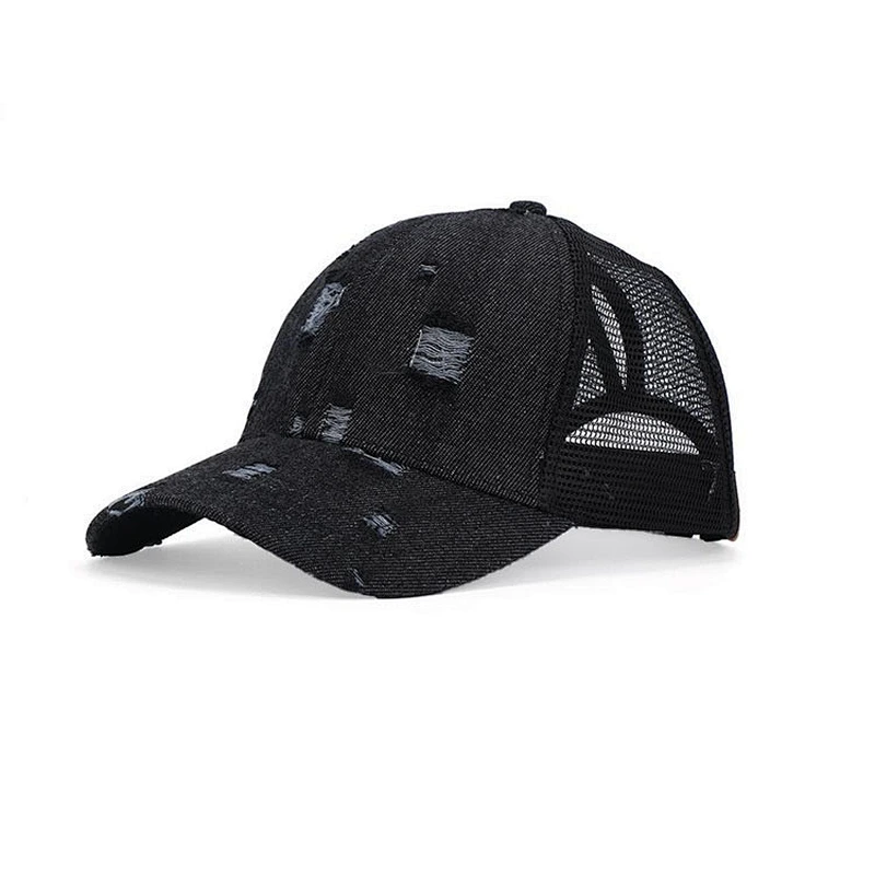 Custom Made Distressed Denim Trucker Cap, Adjustable Jean Denim Dad Hat,Ponytail Worn-Out Baseball Cap