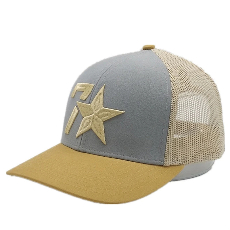 Custom Design 6panel Golden Thread Pentagram Hat 3D Embroidery Logo Baseball Mesh Trucker Cap