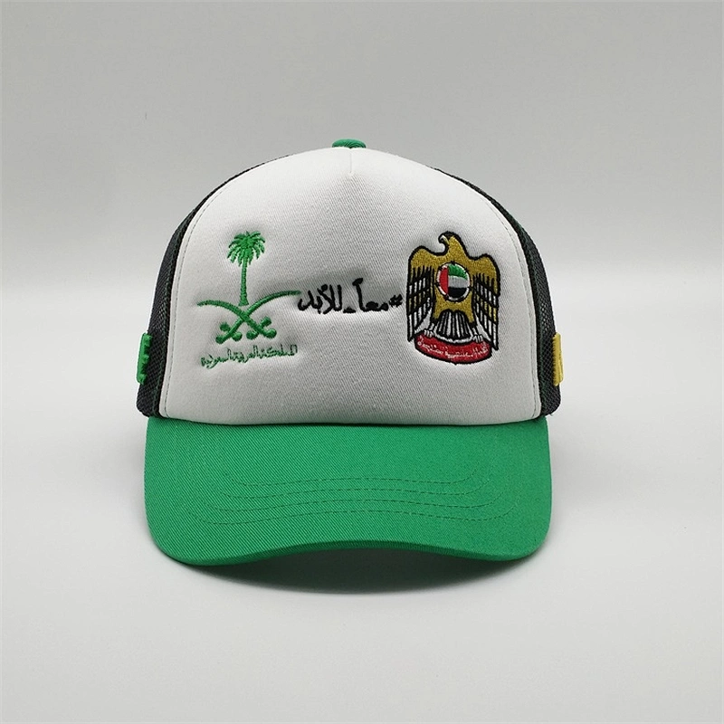 New Style Custom Foam 5 Panel Gold  Embroidery Green Trucker Hat Mesh Snapback Cap With Countri Fla