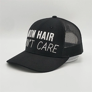 2019 New Customized 6 Panel Cheap 3D Embroidery Pre Curved Brim Black Mesh Hat Snap Back Trucker Cap