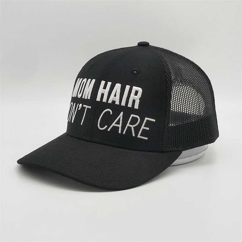 2019 New Customized 6 Panel Cheap 3D Embroidery Pre Curved Brim Black Mesh Hat Snap Back Trucker Cap