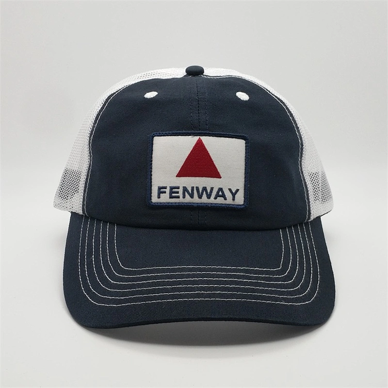 Newest Custom Cotton Fenway Embroidery Patch Logo White Plastic Buckle Two Tone Unstructured 6 Panel Trucker Cap Mesh Sports Hat