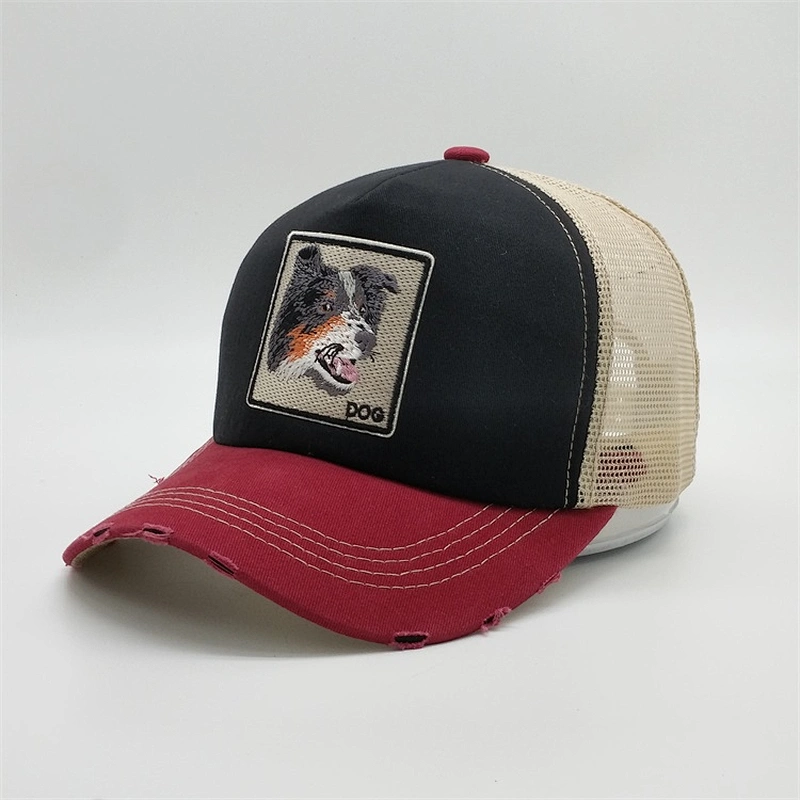 Customized 5 Panel Dog Embroidered Animal Patch Worn Out Mesh Distressed Brim Hats Trucker Cap With Double Snap Back
