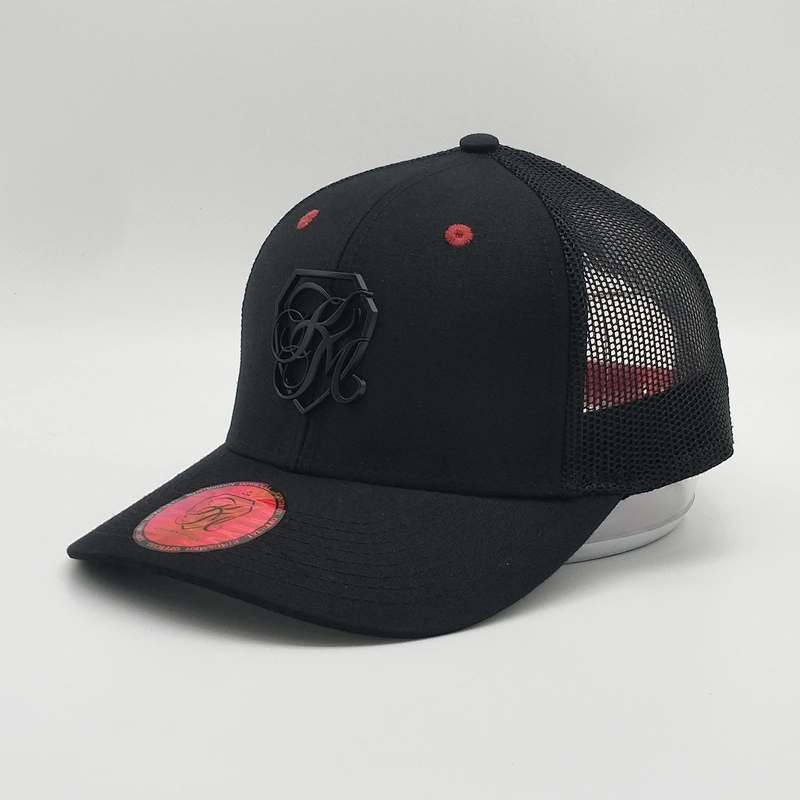 2019 High Quality Custom 6 Panel Mesh Black Metal Logo Baseball Trucker Hats Cap With Blue Label Sticker