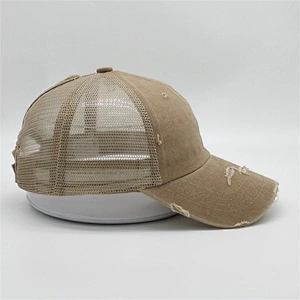 Custom Logo Distressed Vintage Cotton Ponytail  Champagne Unstructured 6 panel Worn Out Baseball Trucker Mesh Cap Hat