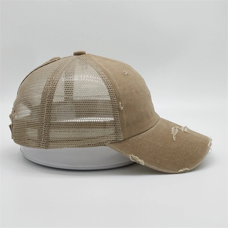 Custom Logo Distressed Vintage Cotton Ponytail  Champagne Unstructured 6 panel Worn Out Baseball Trucker Mesh Cap Hat