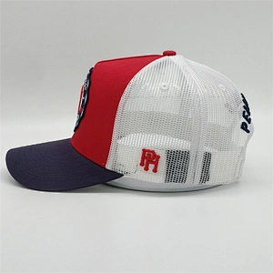 Custom 5 Panel 3d Puff Embroidery Logo Snapback Cap Red White Navy Blue Trucker Hat With Patch