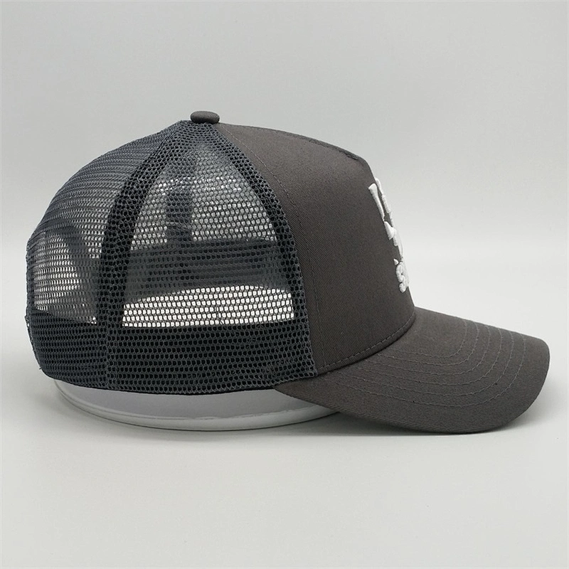 Design 3D Puff Raised Embroidery Trucker Hats,Factory Price Dark Gray Mesh Hats,5 Panel Charcoal Trucker Caps