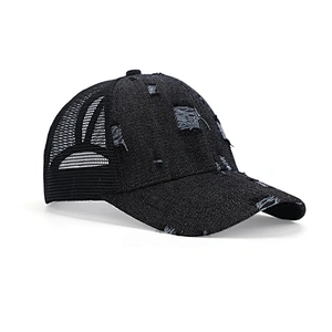 Custom Made Distressed Denim Trucker Cap, Adjustable Jean Denim Dad Hat,Ponytail Worn-Out Baseball Cap