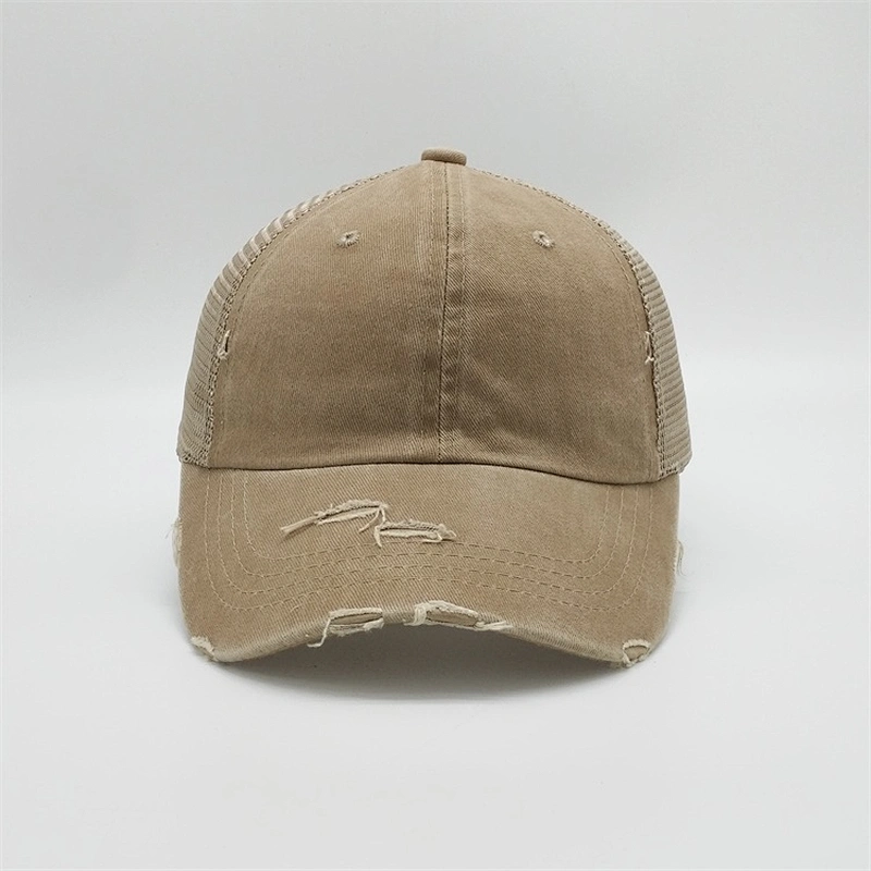 Custom Logo Distressed Vintage Cotton Ponytail  Champagne Unstructured 6 panel Worn Out Baseball Trucker Mesh Cap Hat