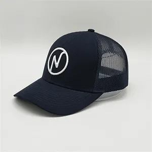 High Quality Navy Blue Trucker Snapback,  White 3D Embroidered Logo Mesh Caps Hat ,  Cotton PVC Rubber Patch Hat