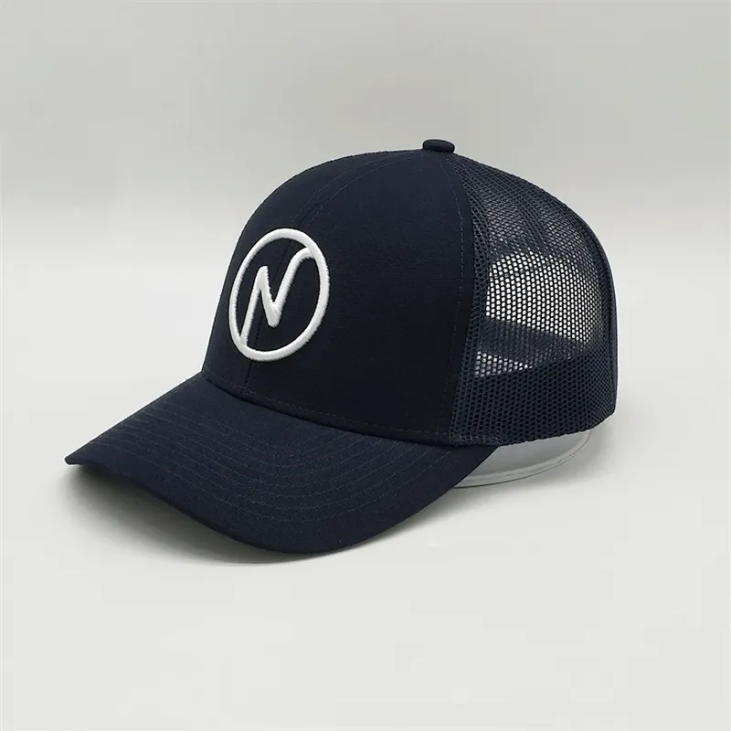High Quality Navy Blue Trucker Snapback,  White 3D Embroidered Logo Mesh Caps Hat ,  Cotton PVC Rubber Patch Hat