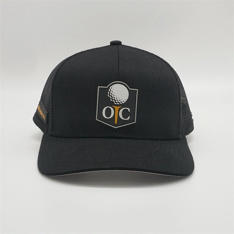High Quality Plain  Black Snapback Hat,   Custom  Logo Mesh Caps  ,  Cotton PVC Rubber Patch  Promotion Trucker Hat