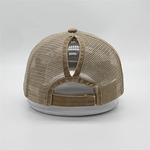 Custom Logo Distressed Vintage Cotton Ponytail  Champagne Unstructured 6 panel Worn Out Baseball Trucker Mesh Cap Hat