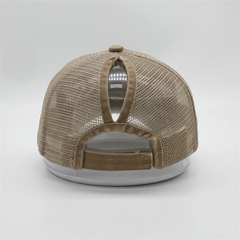 Custom Logo Distressed Vintage Cotton Ponytail  Champagne Unstructured 6 panel Worn Out Baseball Trucker Mesh Cap Hat