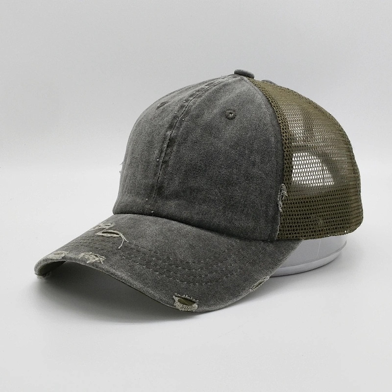 Custom High Quality Blank Distressed Washed Vintage Ponytail Cap Plain Cotton Mesh Trucker Hat With Magic Tape