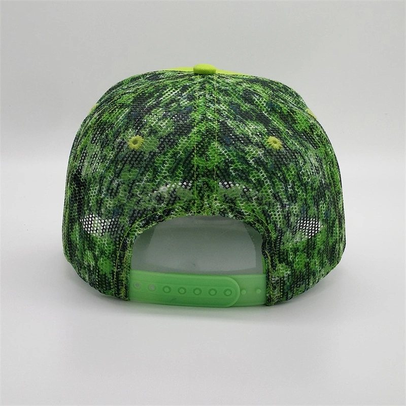 Custom 5 Panel Neon Snapback Hat,Sublimation Printed Trucker Cap,Camo Neon Green Camouflage Mesh Hat