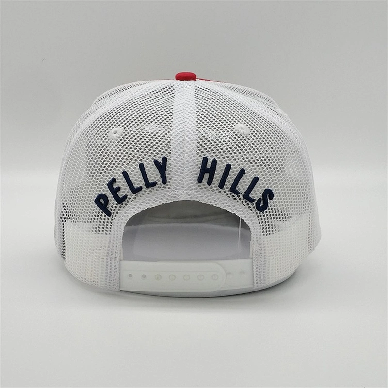 Custom 5 Panel 3d Puff Embroidery Logo Snapback Cap Red White Navy Blue Trucker Hat With Patch
