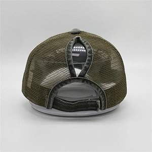 2019 Wholesale Customized Washed Hats Green Messy Mesh Curved Blank Worn Out Distressed Ponytail Trucker Cap With Magic Tape