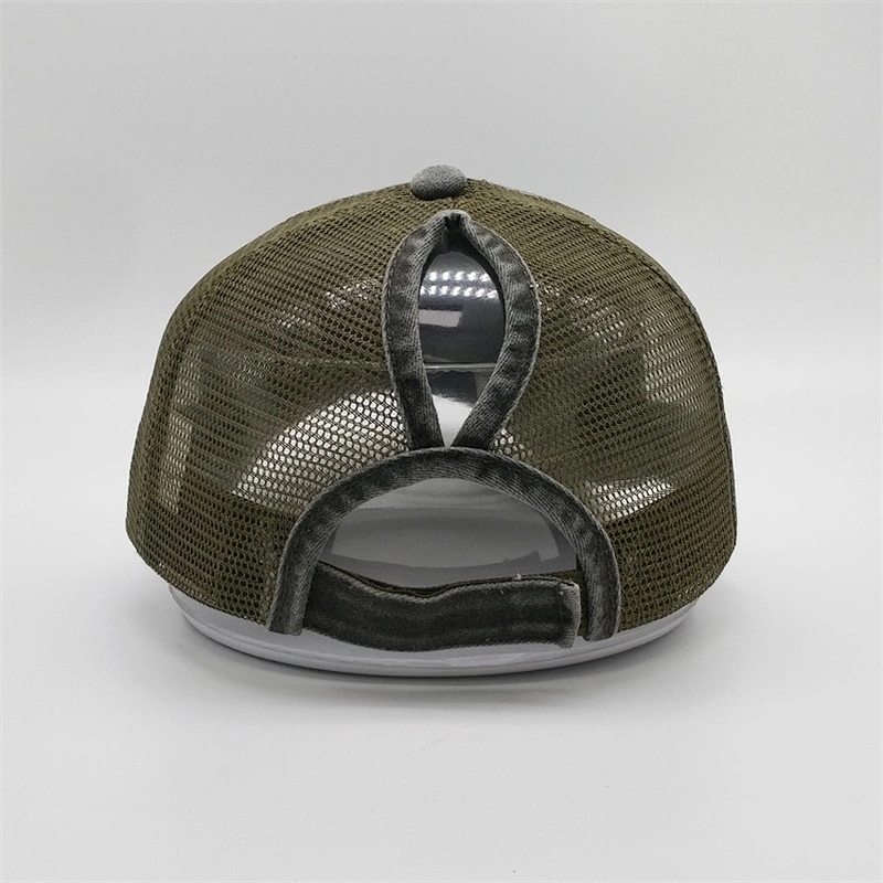 2019 Wholesale Customized Washed Hats Green Messy Mesh Curved Blank Worn Out Distressed Ponytail Trucker Cap With Magic Tape