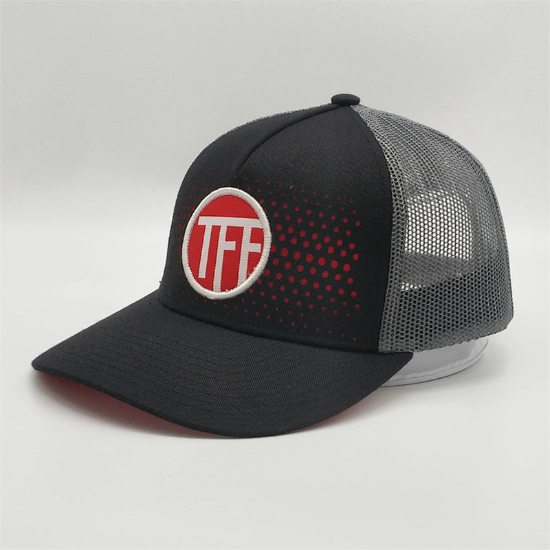 2019 Wholesale New Customized 5 Panel Black Woven Patch Laser Boring Holes Trucker Hats Mesh Caps