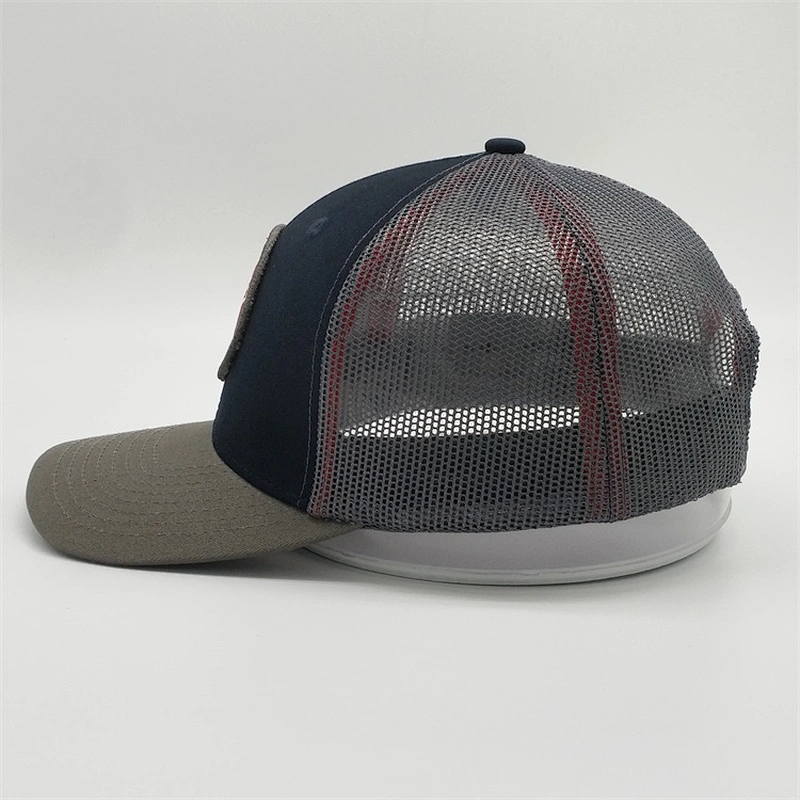 High Quality Basic Custom Grey Sun Embroidery Logo Double Snap Back Closure Cap Trucker Hat With Patch