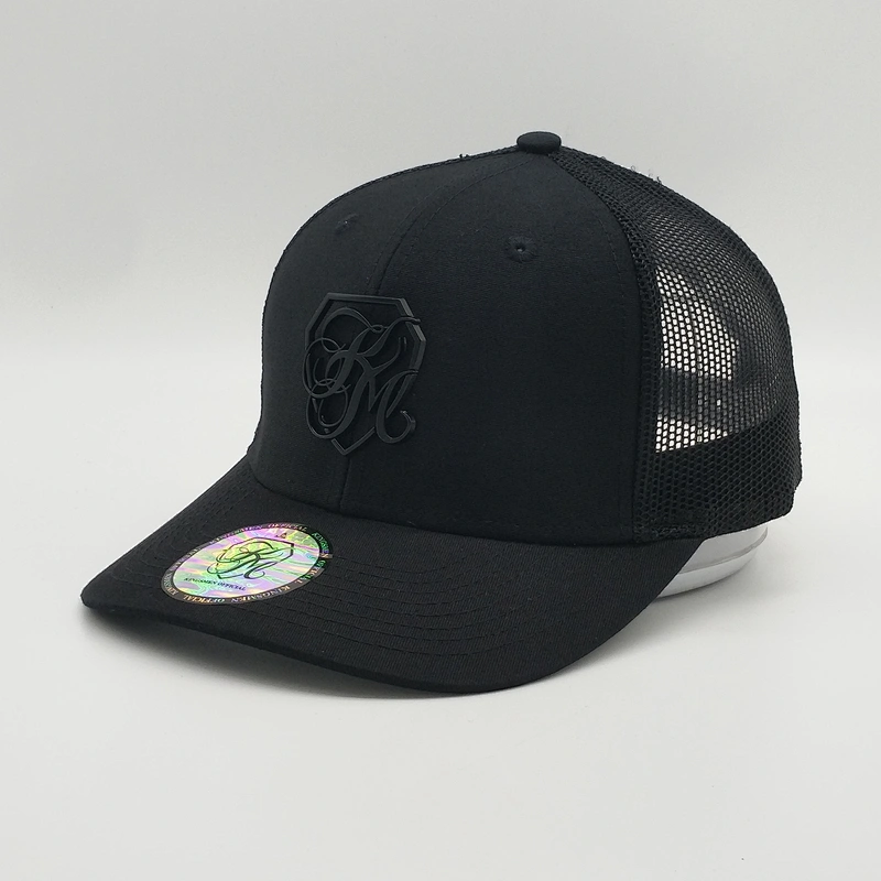 2019 High Quality Custom 6 Panel Mesh Black Metal Logo Baseball Trucker Hats Cap With Blue Label Sticker