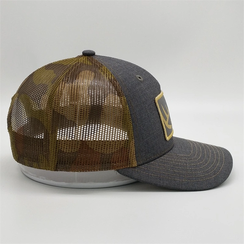 Man Custom 5 Panel Embroidery Caps Camo Trucker Mesh Hat With Woven Patch