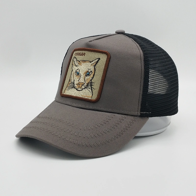 2019 Customized Adjustable 5 Panel Grey Mesh Trucker Hat Black Sheep Animal Pattern Embroidery Breathable Curved Brim Cap