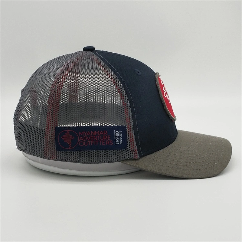 High Quality Basic Custom Grey Sun Embroidery Logo Double Snap Back Closure Cap Trucker Hat With Patch