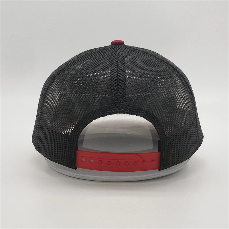 2019 Wholesale Customized 6 Panel Heather Grey 3D Embroidery Pre Curved Red Brim Black Mesh Cap Trucker Hat